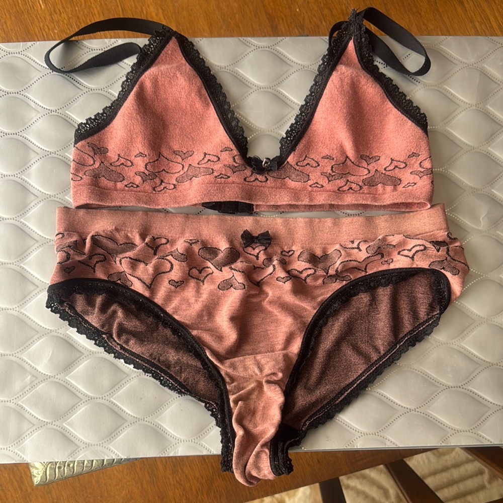 💕Women's Pink Lace Trim Intimate Bikini & Bra Set M